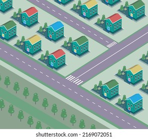 Country village district isometric illustration of a rural area with many houses, streets, recreation areas, and trees