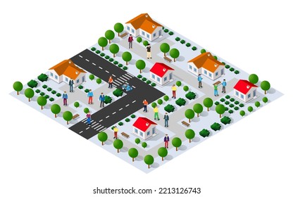 Country village district isometric  illustration of a rural area with many buildings and houses, streets, trees and vehicles