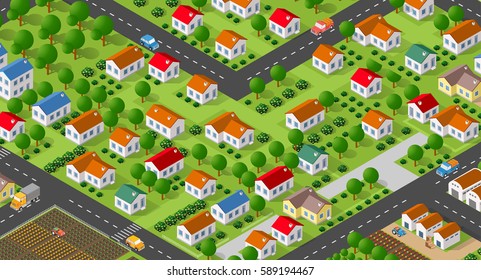 Country village district isometric illustration of a rural area with many buildings and houses, streets, trees and vehicles
