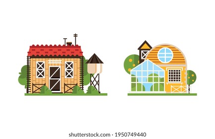 Country and Village House and Building Rested on Green Lawn Vector Set