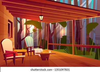 Country or village house in forest with wooden coffee table and comfortable, soft armchairs on roofed veranda or pouch cartoon vector illustration. Peaceful place for evening rest, relaxing outdoors