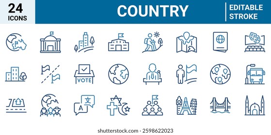 Country web line icon set. Containing flag, nation, citizen, land, world, government, landmark, borders and more. Vector icons