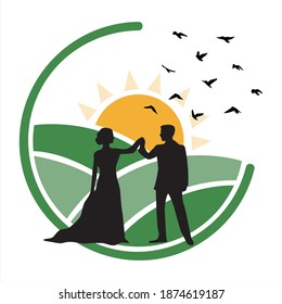 Country wedding logo design. A rising sun behind the bride and groom getting married over the green landscape.