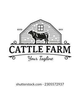 Country western classic ranch logo with cows and barn in vintage style.