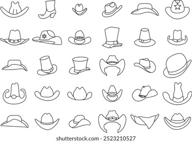 Conjunto de iconos de sombrero de vaquero occidental de Country para logotipo y camiseta. Trazo editable de arte de línea delgada.