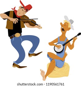 Country Western Folk Musicians Characters Playing Fiddle And Banjo, EPS 8 Vector Cartoon