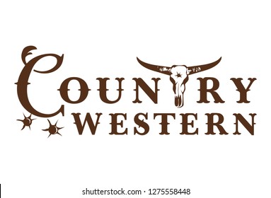 Country western label with bull skull on white background, Vector Illustration