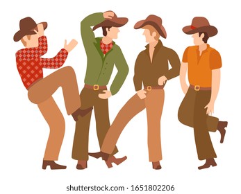 Country Western male dancers in traditional flat style cowboy clothes. Hat, trousers, belt with a hook, a plaid shirt, neck scarf. Vector illustration for Landing Page dance school, party, show