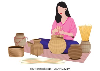 country woman is sitting and weaving a container with bamboo.isolated on white background vector design