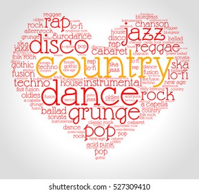 Country. Word cloud, heart, italic font, gradient grey background. Love of music.
