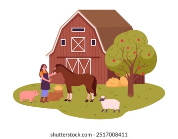 Country worker with farm animals. Woman feed horse, piglet and cute ship, female character take care of domestic animals flat vector illustration. Farmer doing farming job