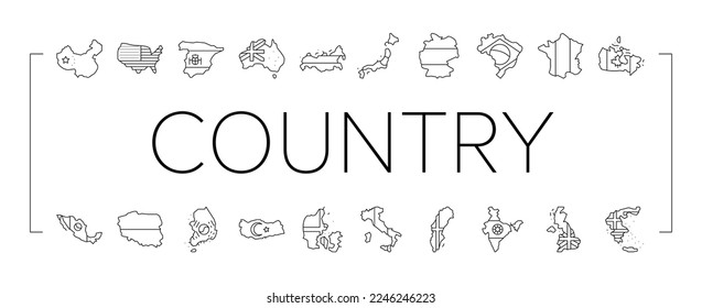 country world map global travel icons set vector. america flag, europe earth, africa globe, asia international, usa, planet geography country world map global travel black contour illustrations