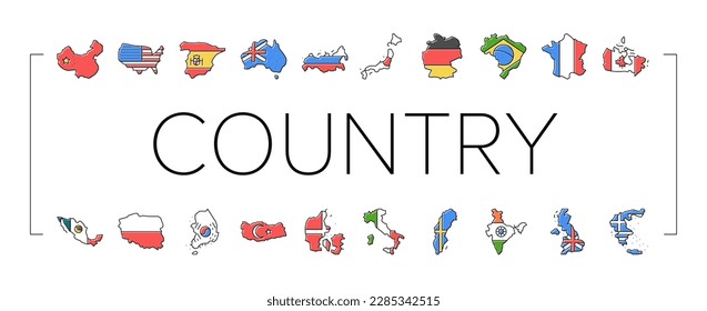 country world map global travel icons set vector. america flag, europe earth, africa globe, asia international, usa, planet geography country world map global travel color line illustrations