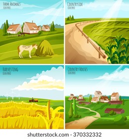 Countryside 4 flat pictograms composition for interactive webpage with crops harvesting and farmhouses set abstract isolated vector illustration