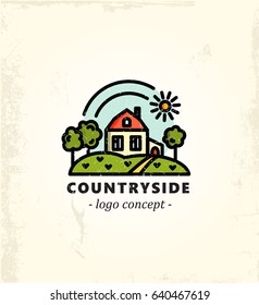 Countryside.  Agricultural logo concept in linear style. Retro texture. Ideal for ecomarket, vegetarian products.