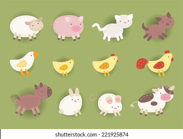 Countryside animals made out of cloth, chicken, cow, horse, dog, cat, pig, rabbit,sheep, duck and rooster. Vector illustration. 