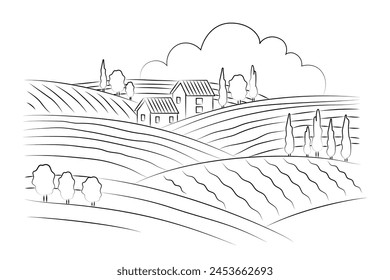 Countryside artistic drawing rural nature. Vector image. Line art landscape.