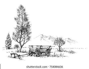 Countryside Artistic Drawing. Rural Nature And Cart Sketch