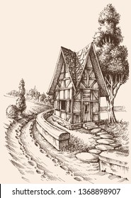 Countryside artistic drawing. Rural road and challet sketch