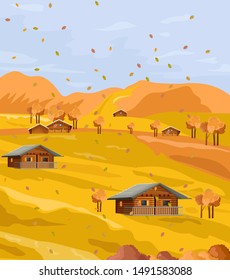 Countryside autumn fields Vector flat style. Rustic houses fall season