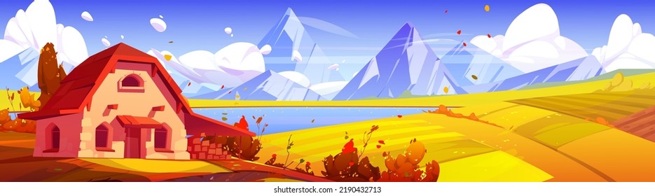 Countryside autumn panorama with stone farm house, agriculture fields, river and mountains. Rural scene with cottage with woodpile on lake coast in fall, vector cartoon illustration