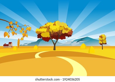 Countryside in autumn season, houses vector landscape