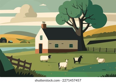 Countryside Background Illustration, Nature Landscape Art