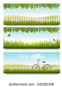 Countryside banners with grass, white fence and leaves. Vector.