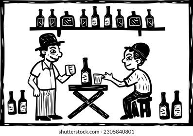 Countryside bar scene. Vector illustration in woodcut and cordel literature style.