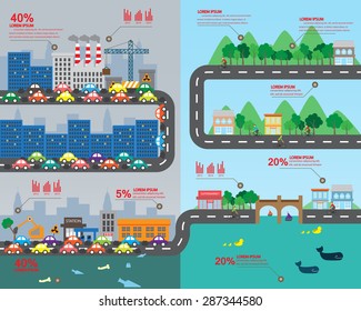 Countryside And Big City Infographic Elements. Environmental Risks And Pollution With Sustainable Living. For Background, Layout, Banner, Diagram, Web Design, Brochure Template. Vector Illustration