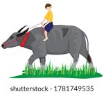 countryside boy sit on buffalo vector design