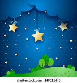Countryside by night, fantasy illustration. Vector