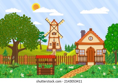 Countryside cartoon landscape with rural building among trees and summer nature scene. Vector illustration.