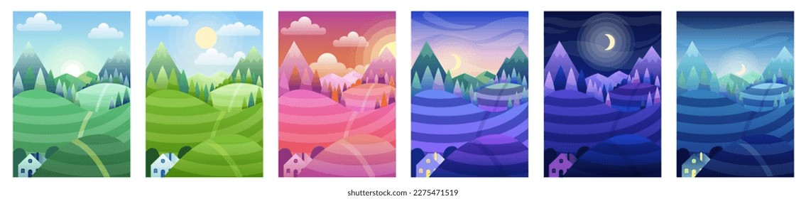 Countryside change of time of day. Collection of hill landscapes with trees. Summer or spring season. Sunset and night, daytime circle. Cartoon flat vector illustrations isolated on white background