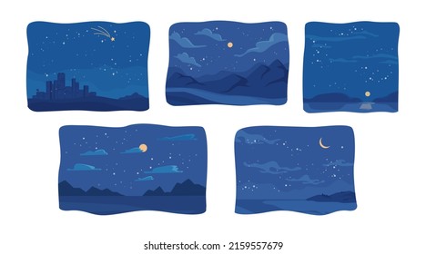 Countryside and cityscape starry sky with celestial bodies, full moon and clouds. Mountains and lake, park scenery of pristine nature. Hill to observe milky way and planets. Vector in flat style