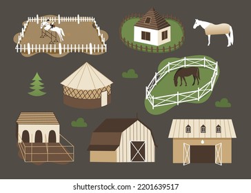 Countryside collection, horses farm, paddock with fence. Set of village houses, stables, rider. Flat vector illustration.