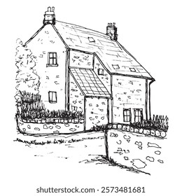 Countryside Cottage or House, Simple Vector Sketch