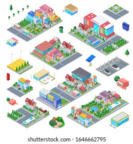 Countryside Cottage Isometric scene generator city creator vector design objects illustration. Private residence villa shopping mall school kindergarten buildings park cafe cars street objects collect