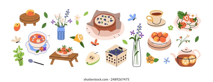 Countryside cottagecore natural elements set. Country food, flowers in vase, fruits, tea cup, summer berries, pie in cozy village style. Flat graphic vector illustration isolated on white background