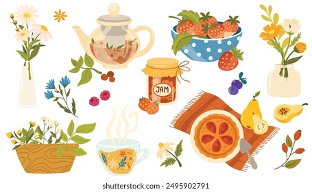 Countryside cottagecore natural elements set. Country food, flowers in vase, fruits, tea cup, summer berries, pie in cozy village style. Flat graphic vector illustration isolated on white background