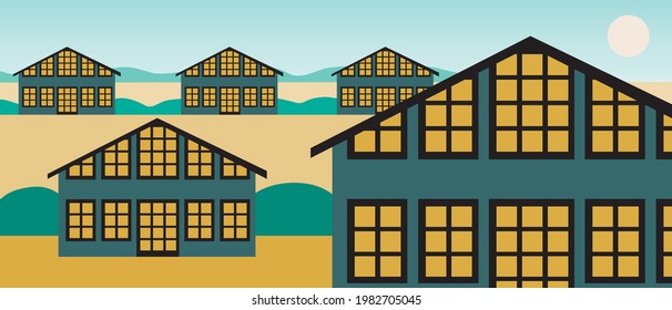 Campo con cabañas, casas. Ilustración de material vectorial plano. Edificios del pueblo. Paisaje en un asentamiento. Inmobiliaria en el campo. casas Facades. Ilustración del vector