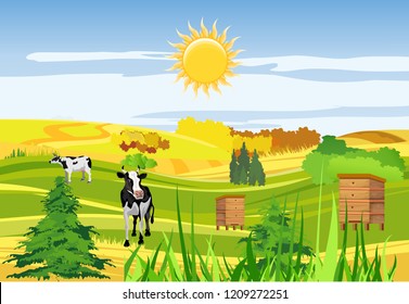 Countryside, cows, farmland, hives, green meadow and hills, agriculture theme, cow and village house