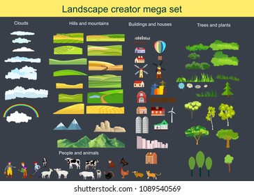 Countryside creator theme imega set , land, agro, trees, hills, animals, tractor,mills people.