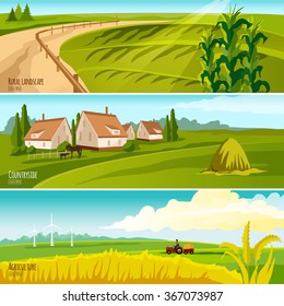 Countryside cropland under cultivation and farmhouses with haystack 3 horizontal flat banners set abstract isolated vector illustration
