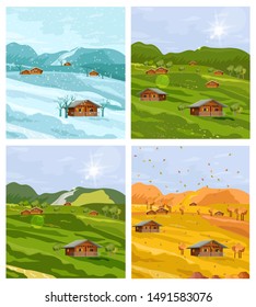 Countryside different seasons Vector flat style. Autumn fall and winter backgrounds illustration