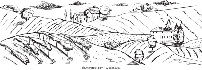 Countryside engraving. Vintage natural landscape sketch with rural hills, fields and farm house. Vector hand drawn illustration country meadow with farmland, vineyards and windmill