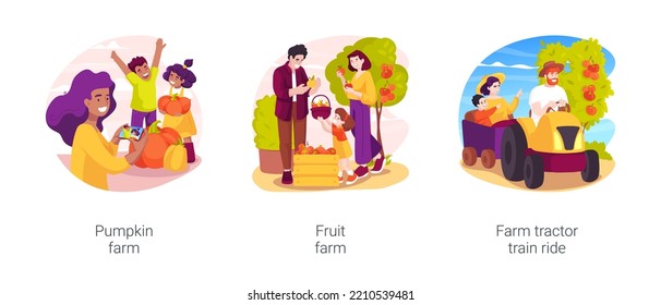 Countryside Entertainment Isolated Cartoon Vector Illustration Set. Halloween Family Field Trip, Visit Pumpkin Farm, Picking Fruit, Tractor Train Ride, Countryside Fun Activity Vector Cartoon.