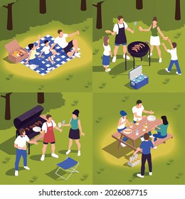Countryside family picnic concept 4 isometric compositions with sitting on gingham tablecloth grilling meat barbecuing vector illustration