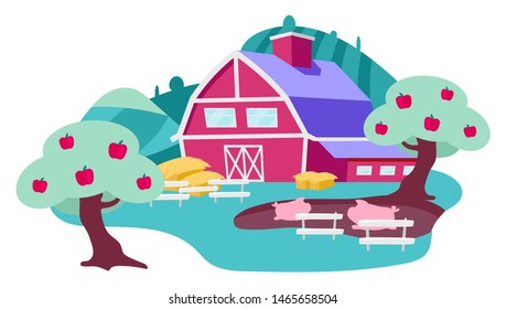 Countryside farm backyard flat vector illustration. Village farmhouse, apple orchard and pig fence. Livestock farming, agricultural animals. Farmland, rural house and barn, ranch cartoon concept