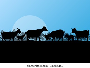 Countryside farm dairy goats herd in wild nature mountain forest landscape illustration background vector